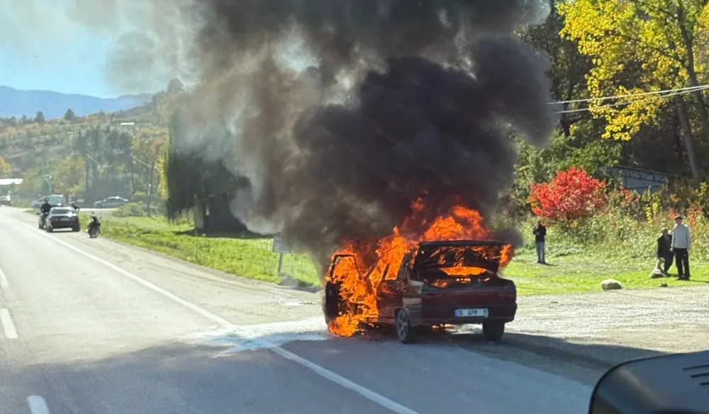İnegöl-Domaniç Yolunda Araç Alev Alev Yandı