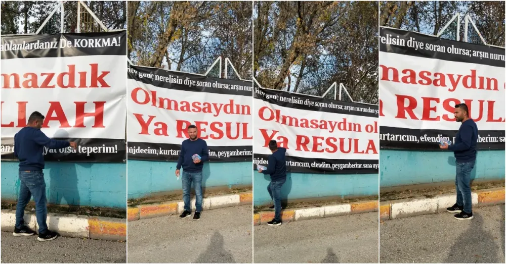 İnegöl’de öğretmenden örnek davranış! Kirlenen pankartı temizleyip mesajı korudu